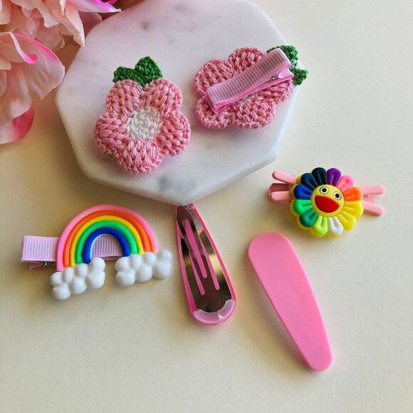 Set of 6 Knit Flower Hair Clip, Pink Snap Clips for Girls & Toddler Barrettes - Picture 3 of 6